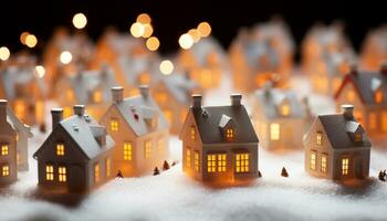 ai generado invierno noche, nieve iluminado decoración, Navidad celebracion arquitectura generado por ai foto