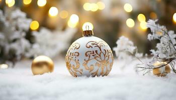 AI generated Snowflake ornament glowing on a Christmas tree branch generated by AI photo