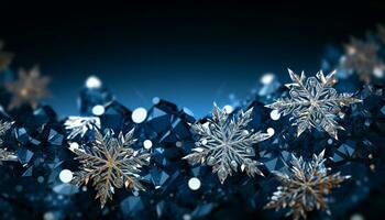 AI generated Winter snowflake decoration on blue background, abstract and shiny generated by AI photo