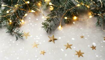 AI generated Shiny snowflake on illuminated Christmas tree branch generated by AI photo