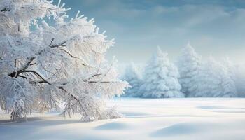 AI generated Winter landscape, snow covered forest, tranquil scene, frozen tree generated by AI photo