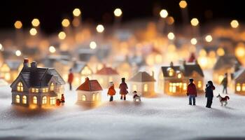 AI generated Family celebration, small illuminated Christmas decoration, snow, winter generated by AI photo