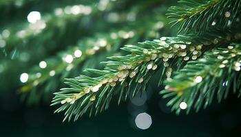 AI generated Evergreen tree branch shines with Christmas decorations generated by AI photo