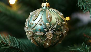 AI generated Shiny gold ornament hanging on Christmas tree generated by AI photo