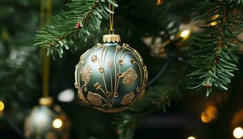 AI generated Shiny gold ornament hanging on Christmas tree generated by AI photo