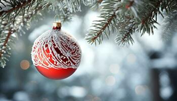 AI generated Snow covered tree branch with shiny Christmas ornaments generated by AI photo