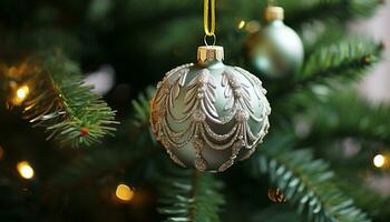 AI generated Shiny ornament hanging on illuminated Christmas tree generated by AI photo