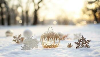 AI generated Snowflake decoration on tree branch, winter celebration generated by AI photo