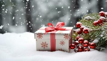 ai generado copo de nieve decoración en invierno árbol, regalo caja envuelto generado por ai foto