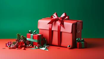 AI generated Christmas present wrapped in shiny red wrapping paper generated by AI photo
