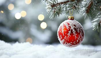 AI generated Snow covered tree with shiny Christmas ornaments generated by AI photo