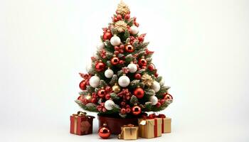 AI generated Christmas tree decoration on white background, gift box generated by AI photo