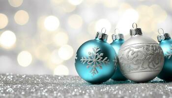 AI generated Shiny snowflake ornament on blue background, glowing and illuminated generated by AI photo