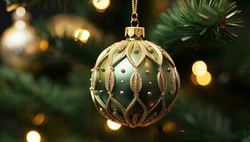 AI generated Shiny gold ornament hangs on Christmas tree generated by AI photo