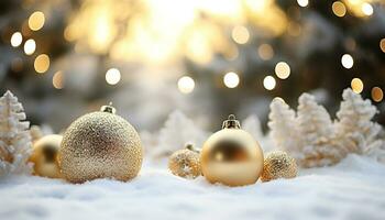 ai generado brillante oro ornamento brilla, decorando Navidad árbol generado por ai foto