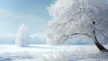 AI generated Snow covered tree in winter, nature frozen beauty generated by AI photo