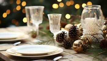 ai generado Navidad celebracion con decorado mesa, luz de una vela, y vino generado por ai foto