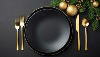 AI generated Golden plate with shiny silverware on festive table generated by AI photo