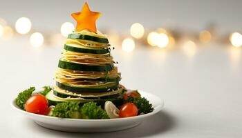 AI generated Gourmet meal, fresh vegetable stack, illuminated with Christmas lights generated by AI photo
