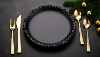 AI generated Wooden table with silverware and plates generated by AI photo