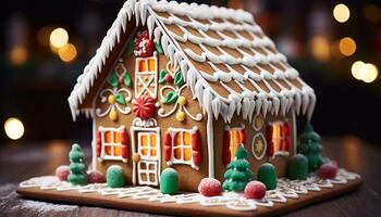 AI generated Gingerbread house decoration with candy, icing, and snowflake generated by AI photo