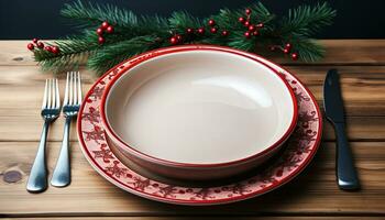 AI generated Wooden table with rustic plate and silverware generated by AI photo