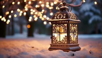 ai generado invierno noche, linternas brillo, copos de nieve caer, celebracion comienza generado por ai foto