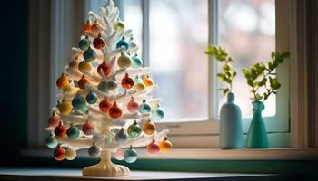 ai generado Navidad árbol decoración adentro, iluminado con brillante luces generado por ai foto