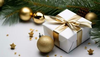 ai generado brillante oro Navidad ornamento en decorado abeto árbol generado por ai foto