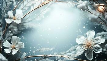 AI generated Freshness of winter, snowflake on bright blue flower generated by AI photo