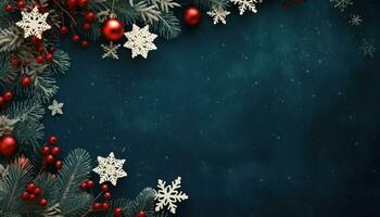 AI generated Winter celebration, snowflake decoration on snowy tree backdrop generated by AI photo