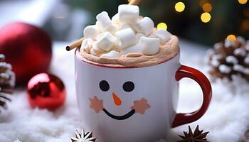 ai generado caliente chocolate, malvavisco, copo de nieve, Navidad luces, caramelo caña generado por ai foto