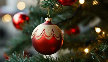 AI generated Christmas tree decorated with shiny ornaments and lights generated by AI photo