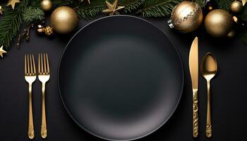 AI generated Shiny gold plate with silverware on table generated by AI photo