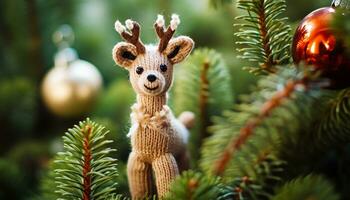 AI generated Cute toy animal celebrates winter with joy generated by AI photo