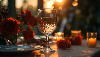 ai generado romántico alumbrado por velas mesa, Copa de vino, y flor ramo de flores generado por ai foto