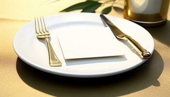 AI generated Silverware on table, close up of fork and knife generated by AI photo