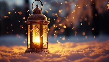 AI generated Glowing lantern illuminates winter night, symbolizing celebration generated by AI photo