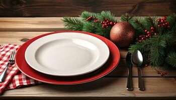 AI generated Wooden table with festive plate of Christmas food generated by AI photo