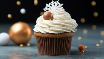 AI generated Homemade cupcake with chocolate icing, decorated with snowflake generated by AI photo