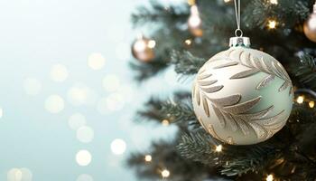 AI generated Shiny Christmas tree ornament hanging on a branch generated by AI photo