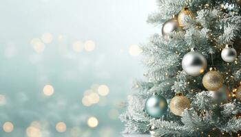 AI generated Shiny snowflake on illuminated Christmas tree branch generated by AI photo