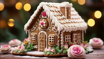 AI generated Homemade gingerbread cookie with icing decoration and snowflake generated by AI photo