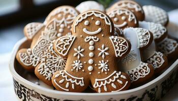 AI generated Homemade gingerbread cookies decorate the festive winter table generated by AI photo