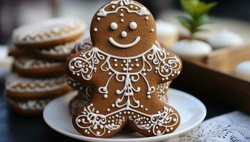 AI generated Homemade gingerbread cookies decorate the festive winter table generated by AI photo