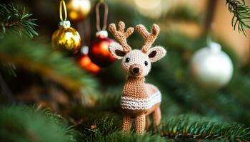 AI generated Cute toy deer on snowy fir tree generated by AI photo