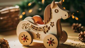 AI generated Wooden rocking horse, illuminated by Christmas lights generated by AI photo
