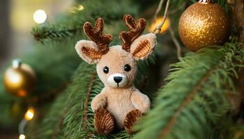 AI generated Cute animal toy hangs on Christmas tree generated by AI photo