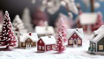 AI generated Winter celebration, homemade gingerbread house, snowman decoration generated by AI photo