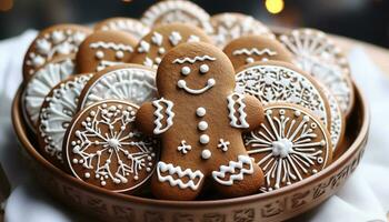 AI generated Homemade gingerbread man on decorated winter dessert generated by AI photo